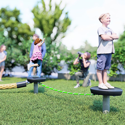 Rendered image of slackline trail play balance course,  with rendered children playing on it.